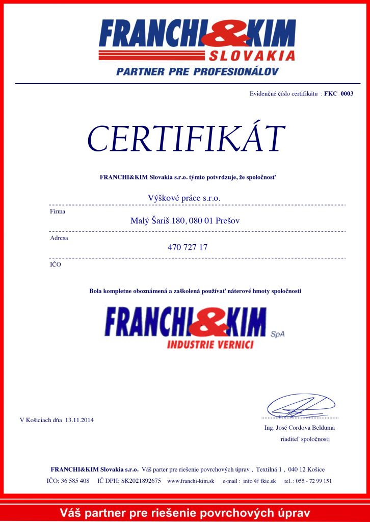 Certifikát Franchi Kim Slovakia-s.r.o. pre Výškové práce s.r.o.