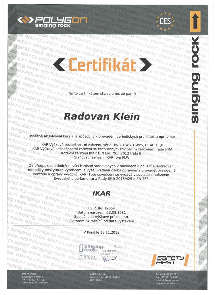 Certifikát IKAR pre Výškové práce s.r.o.